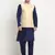 men silk navy blue kurta churidar with beige embroidered nehru jacket set