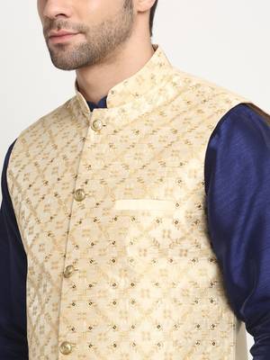 men silk navy blue kurta churidar with beige embroidered nehru jacket set 2