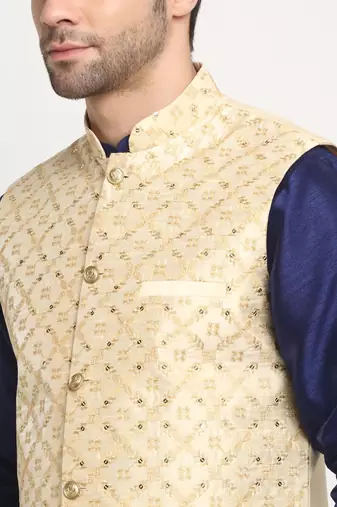 men silk navy blue kurta churidar with beige embroidered nehru jacket set