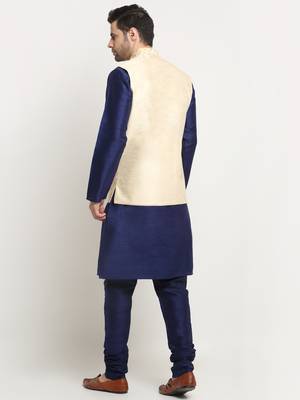 men silk navy blue kurta churidar with beige embroidered nehru jacket set 3