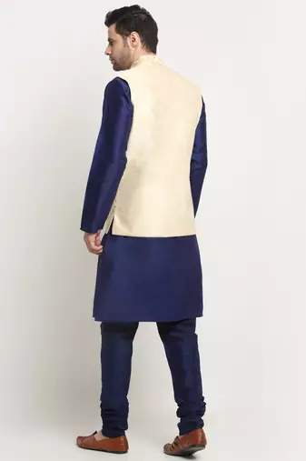 men silk navy blue kurta churidar with beige embroidered nehru jacket set