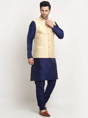 men silk navy blue kurta churidar with beige embroidered nehru jacket set 4