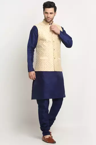 men silk navy blue kurta churidar with beige embroidered nehru jacket set