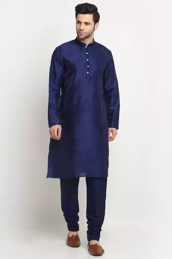 men silk navy blue kurta churidar with beige embroidered nehru jacket set