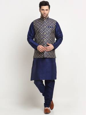 mens navy blue silk kurta churidar with embroided nehru jacket set 1