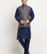 mens navy blue silk kurta churidar with embroided nehru jacket set