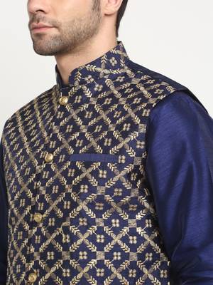mens navy blue silk kurta churidar with embroided nehru jacket set 2