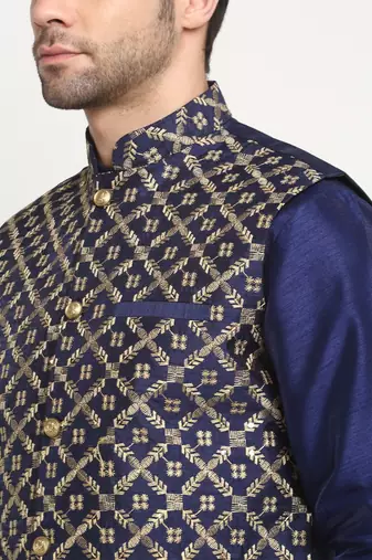 mens navy blue silk kurta churidar with embroided nehru jacket set