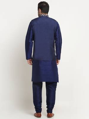 mens navy blue silk kurta churidar with embroided nehru jacket set 3