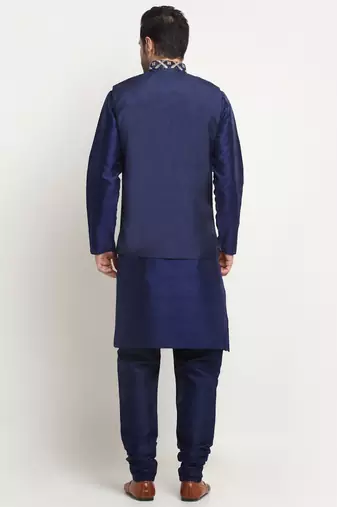 mens navy blue silk kurta churidar with embroided nehru jacket set