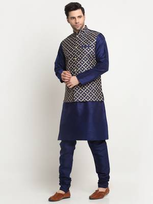 mens navy blue silk kurta churidar with embroided nehru jacket set 4