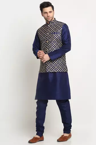 mens navy blue silk kurta churidar with embroided nehru jacket set