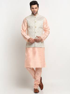 Men Silk Peach Kurta Churidar With Cream Embroided Nehru Jacket Set 1