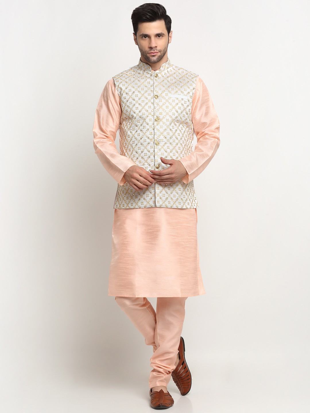 Silk Peach Kurta Churidar With Cream Embroided Nehru Jacket Set