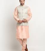 Men Silk Peach Kurta Churidar With Cream Embroided Nehru Jacket Set