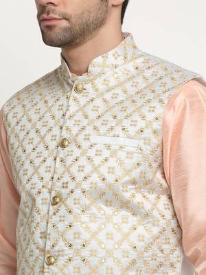 Men Silk Peach Kurta Churidar With Cream Embroided Nehru Jacket Set 2