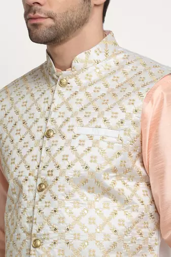 Men Silk Peach Kurta Churidar With Cream Embroided Nehru Jacket Set