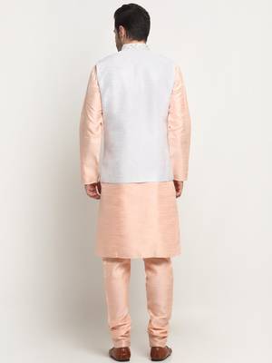 Men Silk Peach Kurta Churidar With Cream Embroided Nehru Jacket Set 3