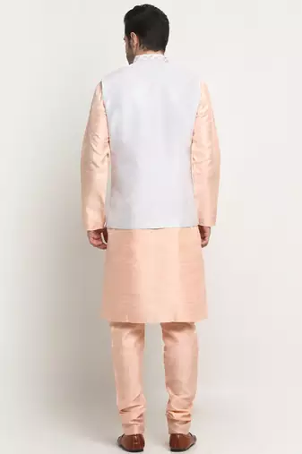 Men Silk Peach Kurta Churidar With Cream Embroided Nehru Jacket Set