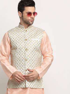 Men Silk Peach Kurta Churidar With Cream Embroided Nehru Jacket Set 4