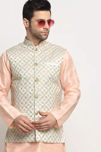 Men Silk Peach Kurta Churidar With Cream Embroided Nehru Jacket Set