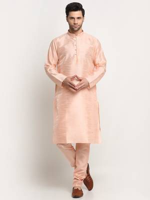 Men Silk Peach Kurta Churidar With Cream Embroided Nehru Jacket Set 5