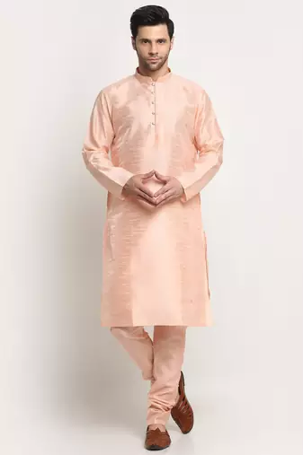 Men Silk Peach Kurta Churidar With Cream Embroided Nehru Jacket Set