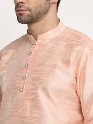 Men Silk Peach Kurta Churidar With Cream Embroided Nehru Jacket Set 6