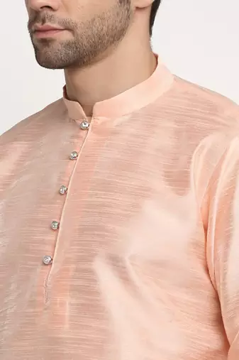 Men Silk Peach Kurta Churidar With Cream Embroided Nehru Jacket Set