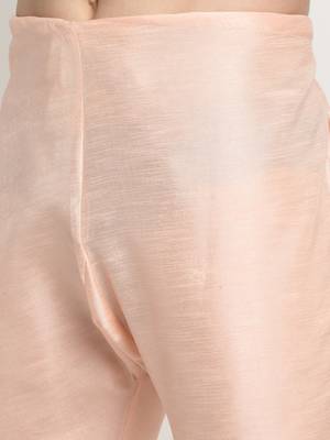 Men Silk Peach Kurta Churidar With Cream Embroided Nehru Jacket Set 7