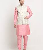 Men Silk Pink Kurta Churidar With Cream Embroided Nehru Jacket Set
