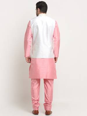 Men Silk Pink Kurta Churidar With Cream Embroided Nehru Jacket Set 3