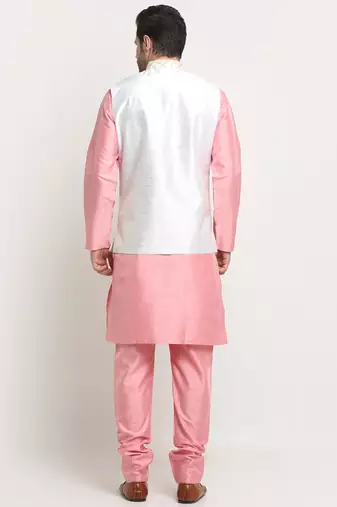 Men Silk Pink Kurta Churidar With Cream Embroided Nehru Jacket Set