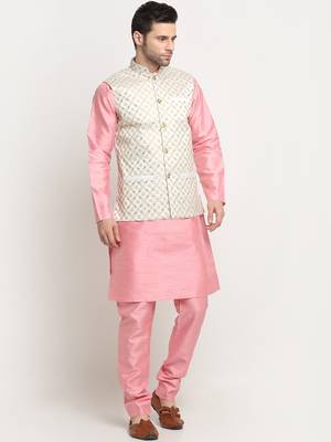 Men Silk Pink Kurta Churidar With Cream Embroided Nehru Jacket Set 4
