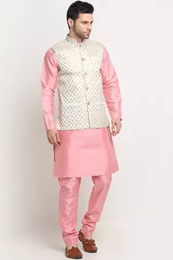 Men Silk Pink Kurta Churidar With Cream Embroided Nehru Jacket Set