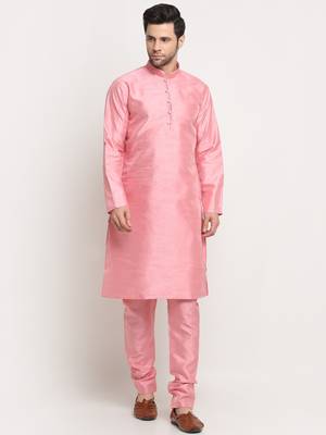 Men Silk Pink Kurta Churidar With Cream Embroided Nehru Jacket Set 5