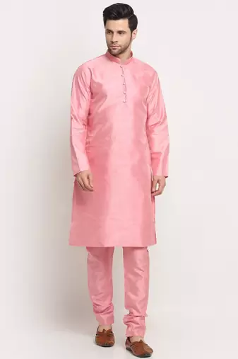 Men Silk Pink Kurta Churidar With Cream Embroided Nehru Jacket Set