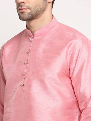 Men Silk Pink Kurta Churidar With Cream Embroided Nehru Jacket Set 6