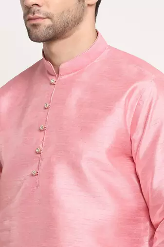 Men Silk Pink Kurta Churidar With Cream Embroided Nehru Jacket Set