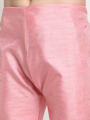 Men Silk Pink Kurta Churidar With Cream Embroided Nehru Jacket Set 7