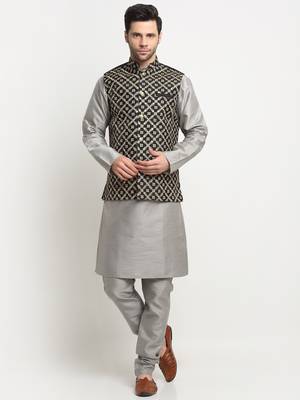 Men Silk Silver Kurta Churidar With Black Embroided Nehru Jacket Set 1