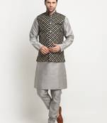 Men Silk Silver Kurta Churidar With Black Embroided Nehru Jacket Set