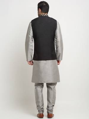 Men Silk Silver Kurta Churidar With Black Embroided Nehru Jacket Set 3