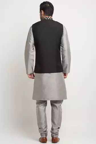 Men Silk Silver Kurta Churidar With Black Embroided Nehru Jacket Set