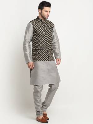 Men Silk Silver Kurta Churidar With Black Embroided Nehru Jacket Set 4