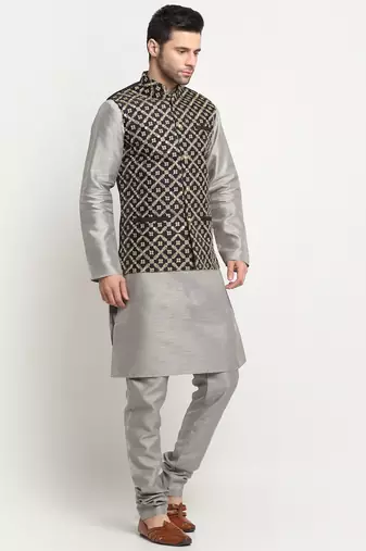 Men Silk Silver Kurta Churidar With Black Embroided Nehru Jacket Set