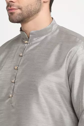 Men Silk Silver Kurta Churidar With Black Embroided Nehru Jacket Set