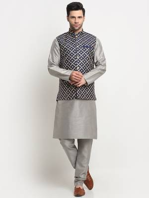 Men Silk Silver Kurta Churidar With Navy Blue Embroided Nehru Jacket Set 1