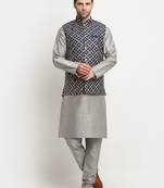 Men Silk Silver Kurta Churidar With Navy Blue Embroided Nehru Jacket Set