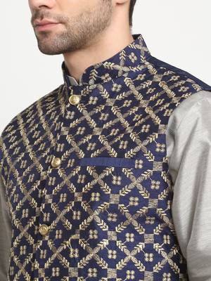 Men Silk Silver Kurta Churidar With Navy Blue Embroided Nehru Jacket Set 2